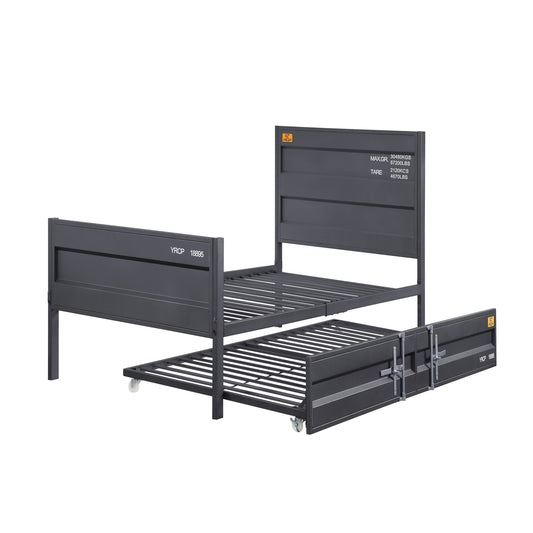 Dark gray metal twin bed frame with a pullout trundle bed on casters