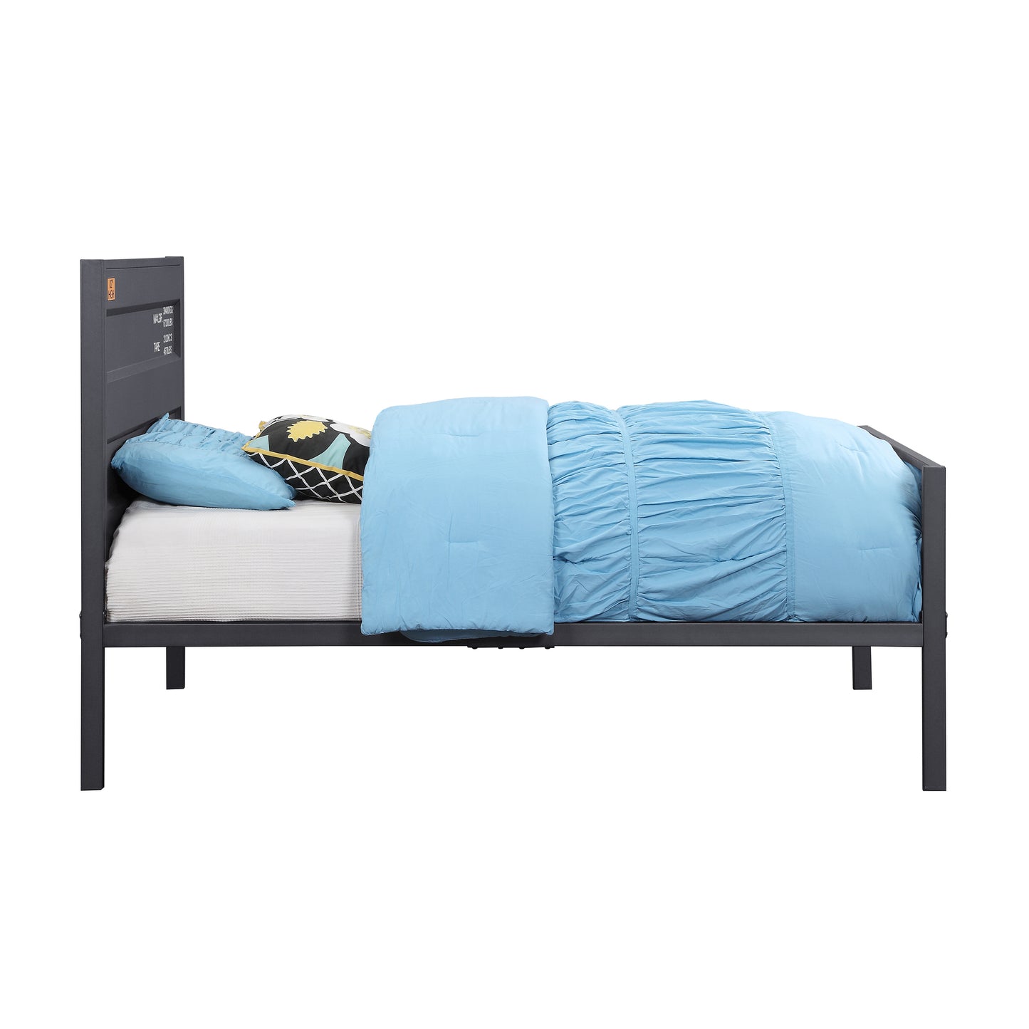 Dark gray metal twin bed frame with blue bedding and geometric pillows