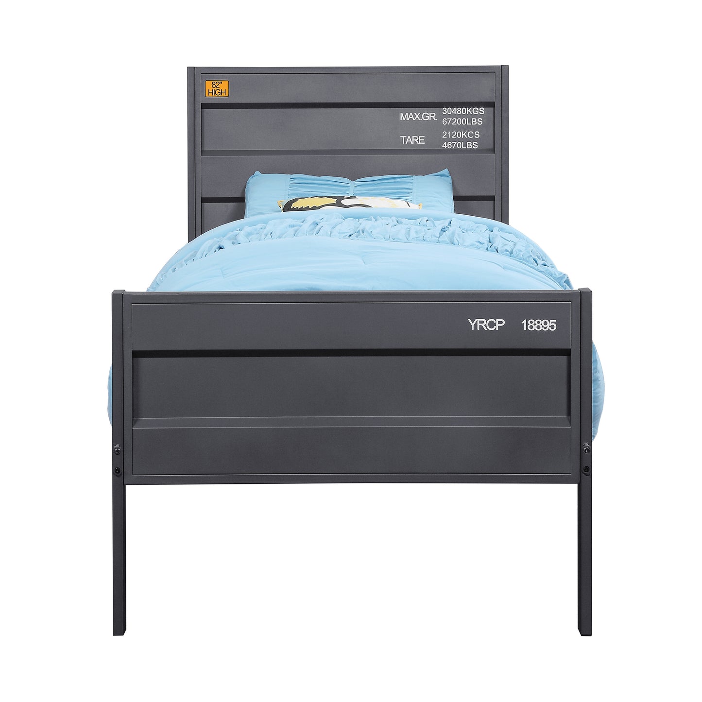 Dark gray metal twin bed frame with shipping containerinspired headboard and blue bedding