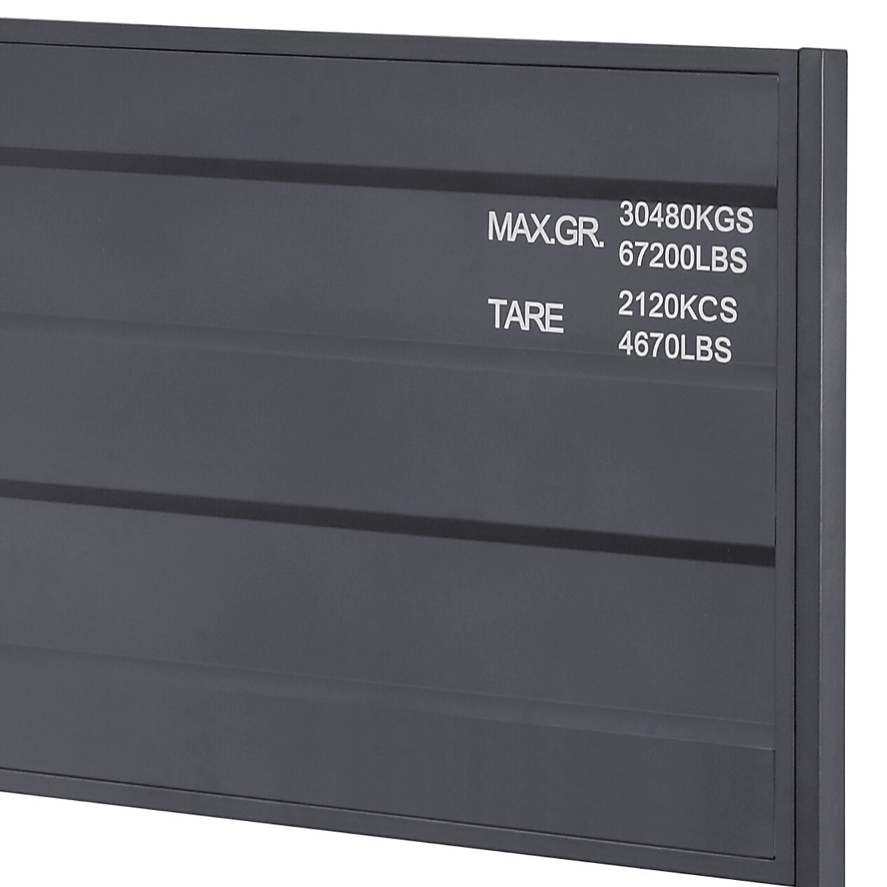 Dark grey shipping container side panel with embossed weight specifications