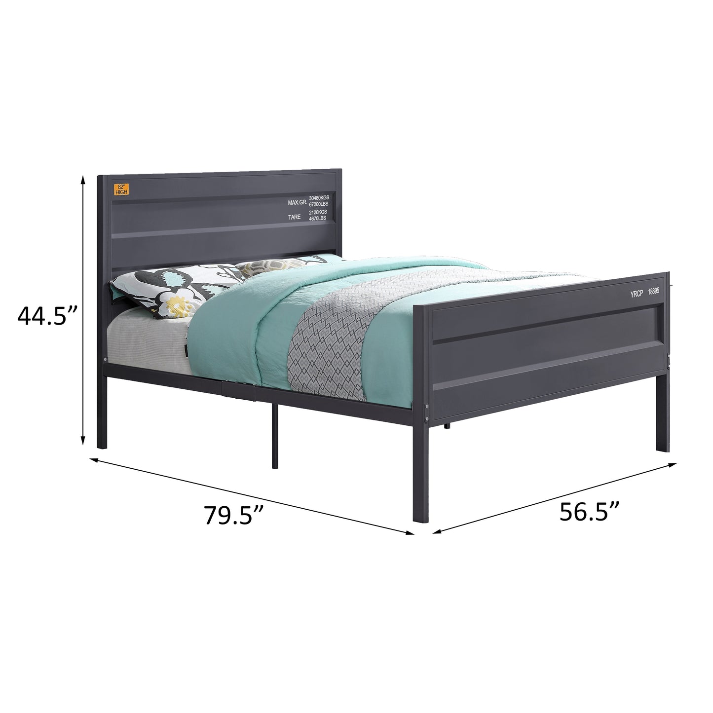 Dark grey metal twin bed frame with industrial shipping container design accents and bedding