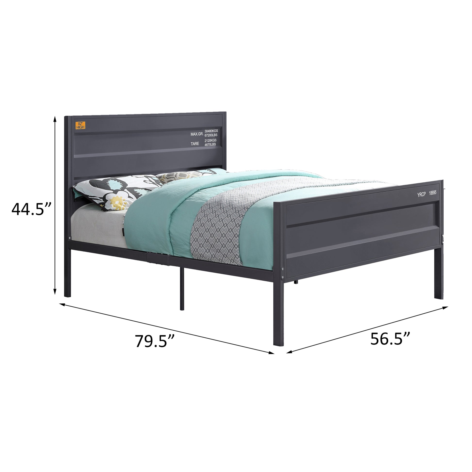Dark grey metal twin bed frame with industrial shipping container design accents and bedding