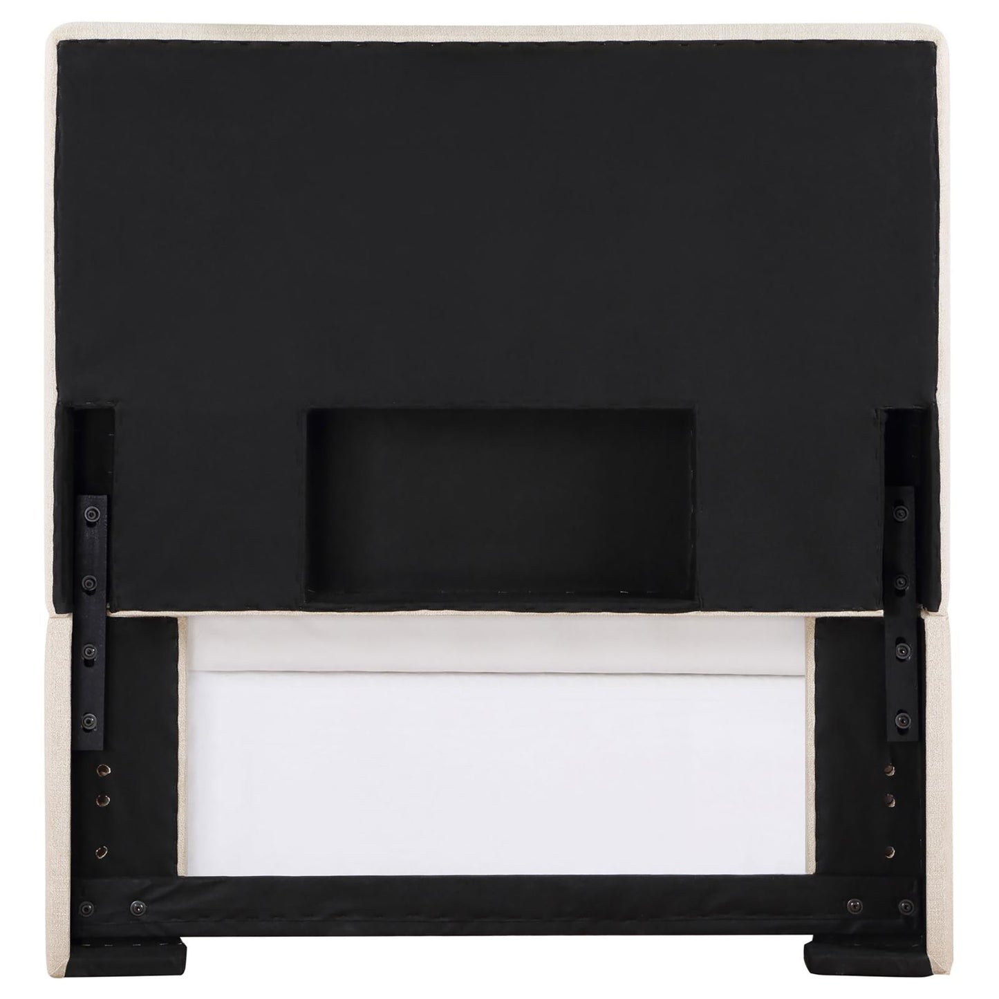 Upholstered headboard back with black fabric backing and beige linen upholstery