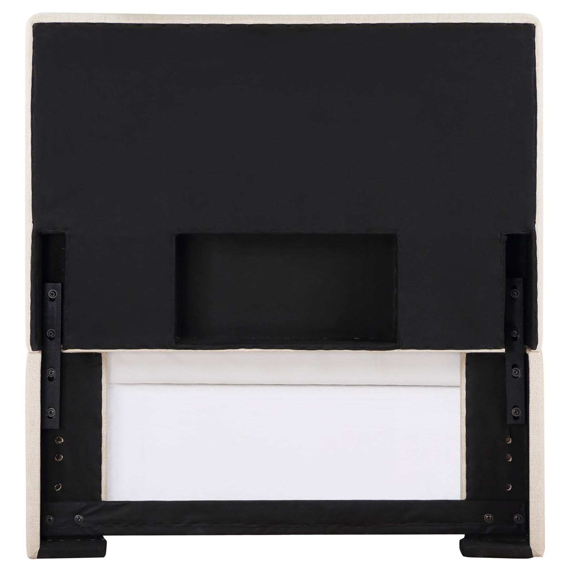 Upholstered headboard back with black fabric backing and beige linen upholstery