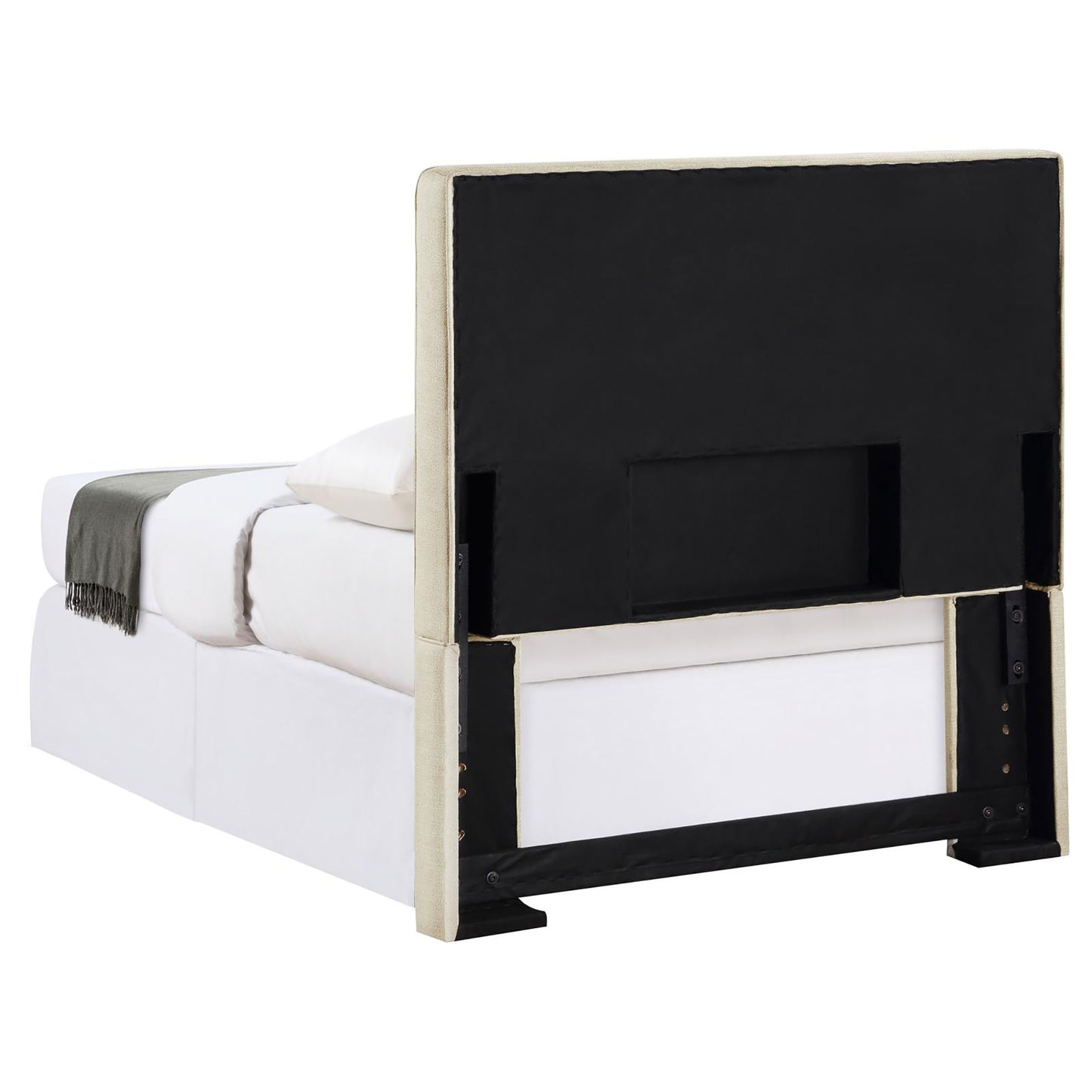 Upholstered beige linen headboard for a queen bed with black support frame