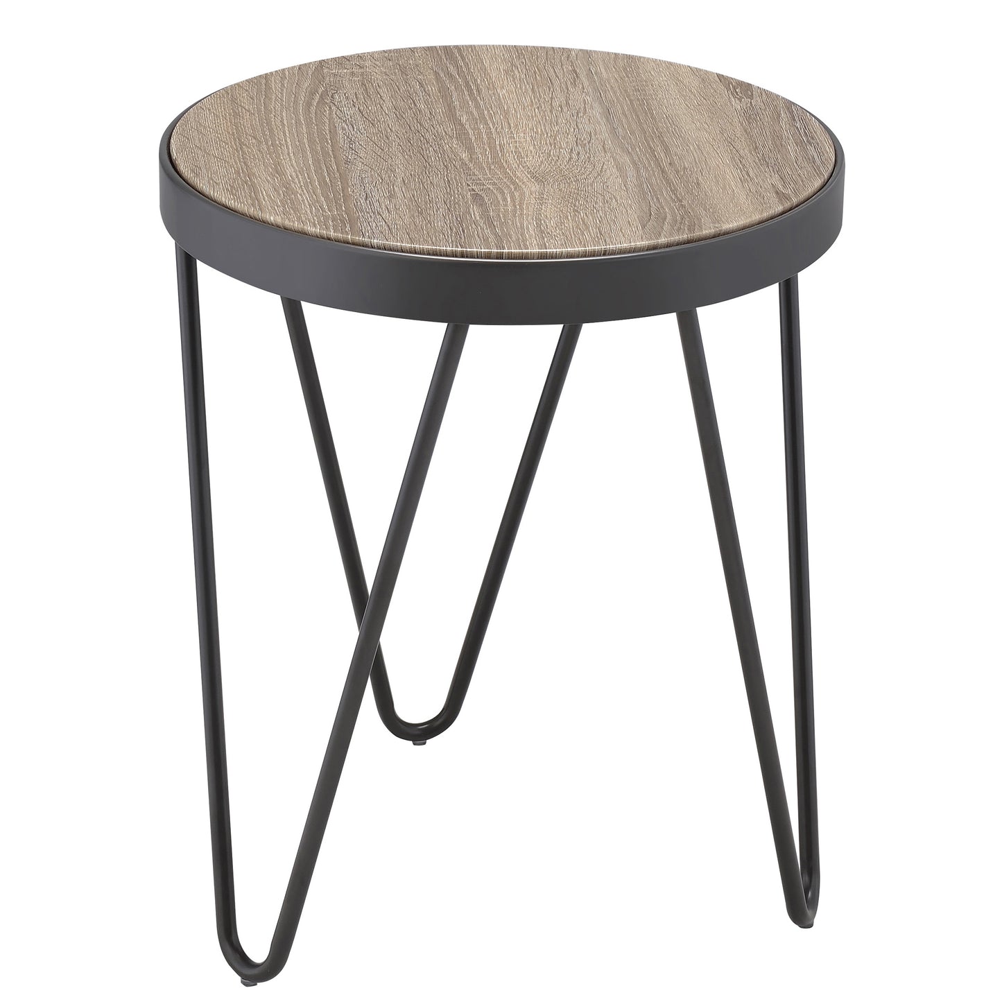Round wood grain accent table with black hairpin legs perfect for small spaces