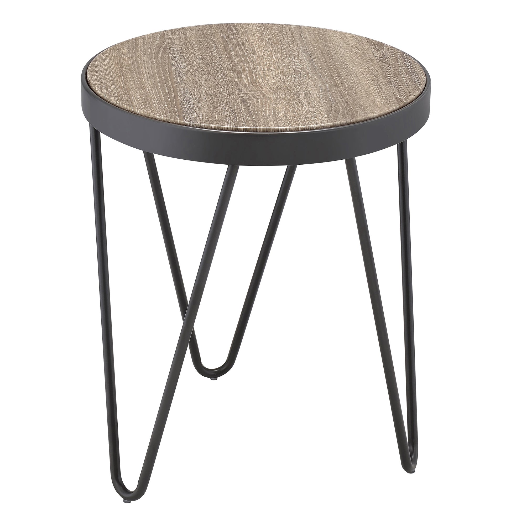 Round wood grain accent table with black hairpin legs perfect for small spaces