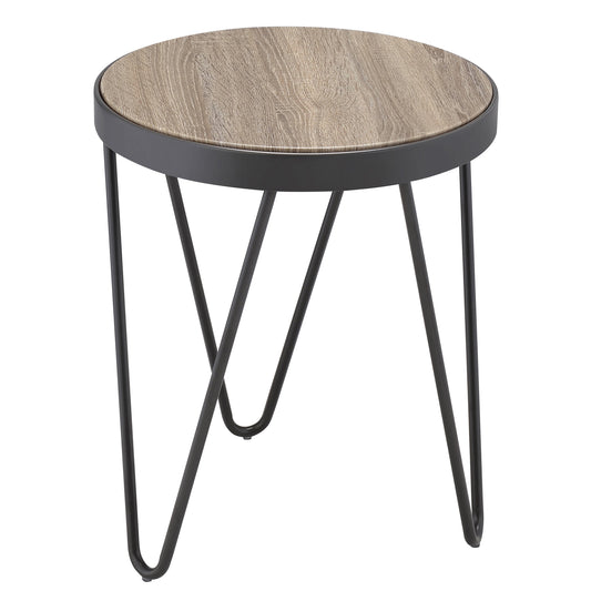 Round wood grain accent table with black hairpin legs perfect for small spaces