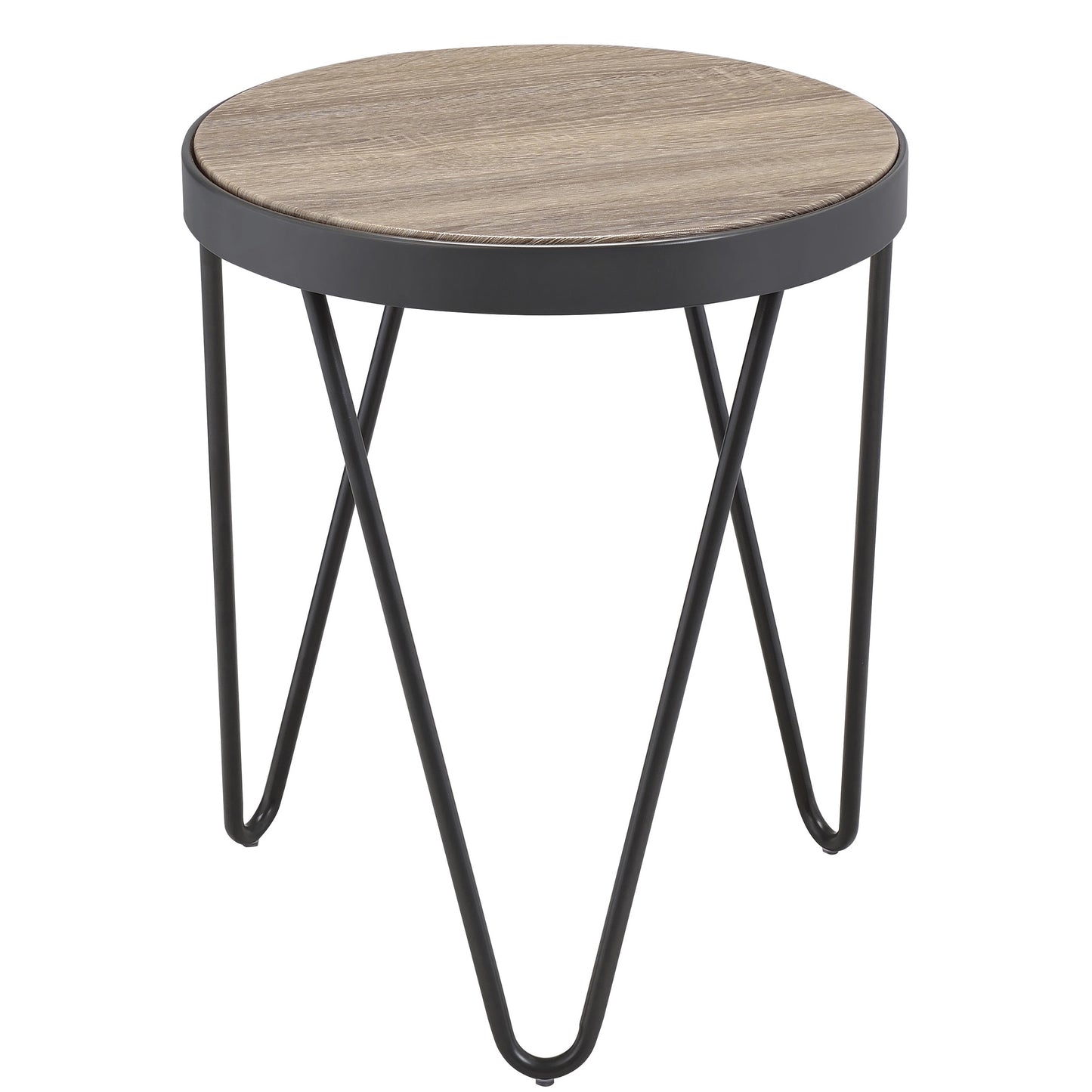 Round side table with a rustic wood grain top and black metal hairpin legs