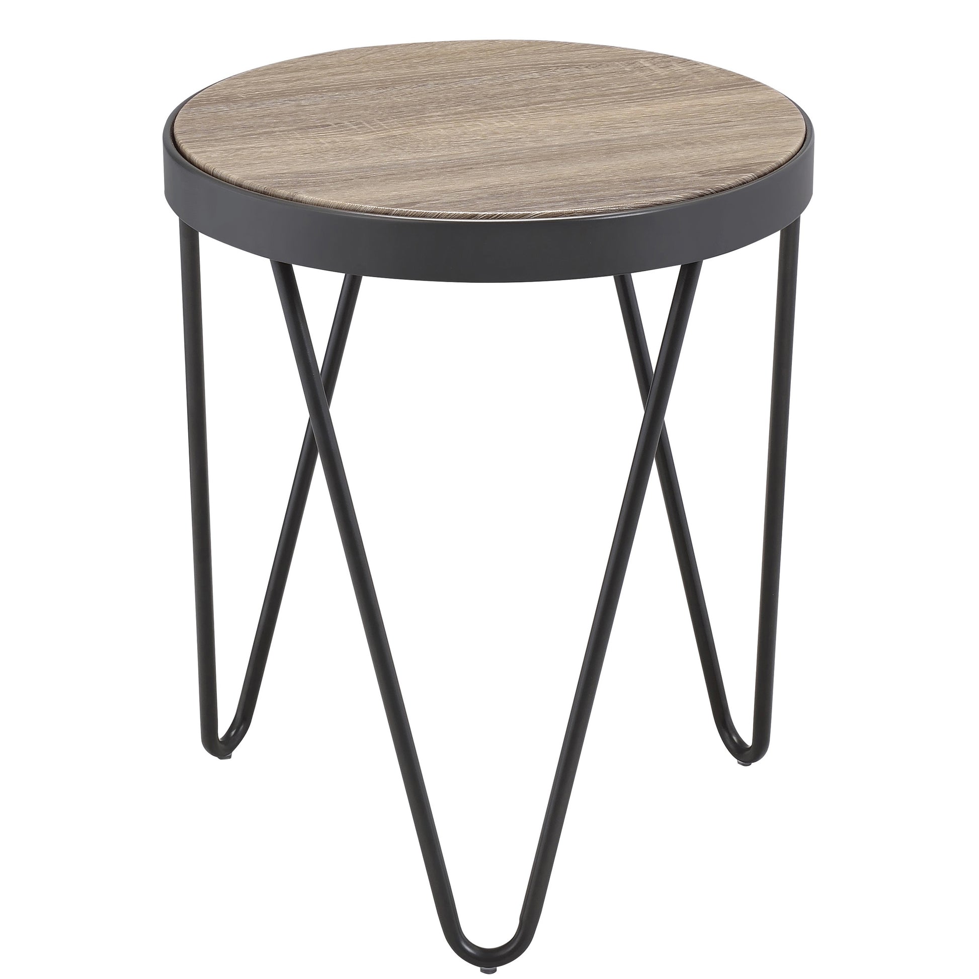 Round side table with a rustic wood grain top and black metal hairpin legs