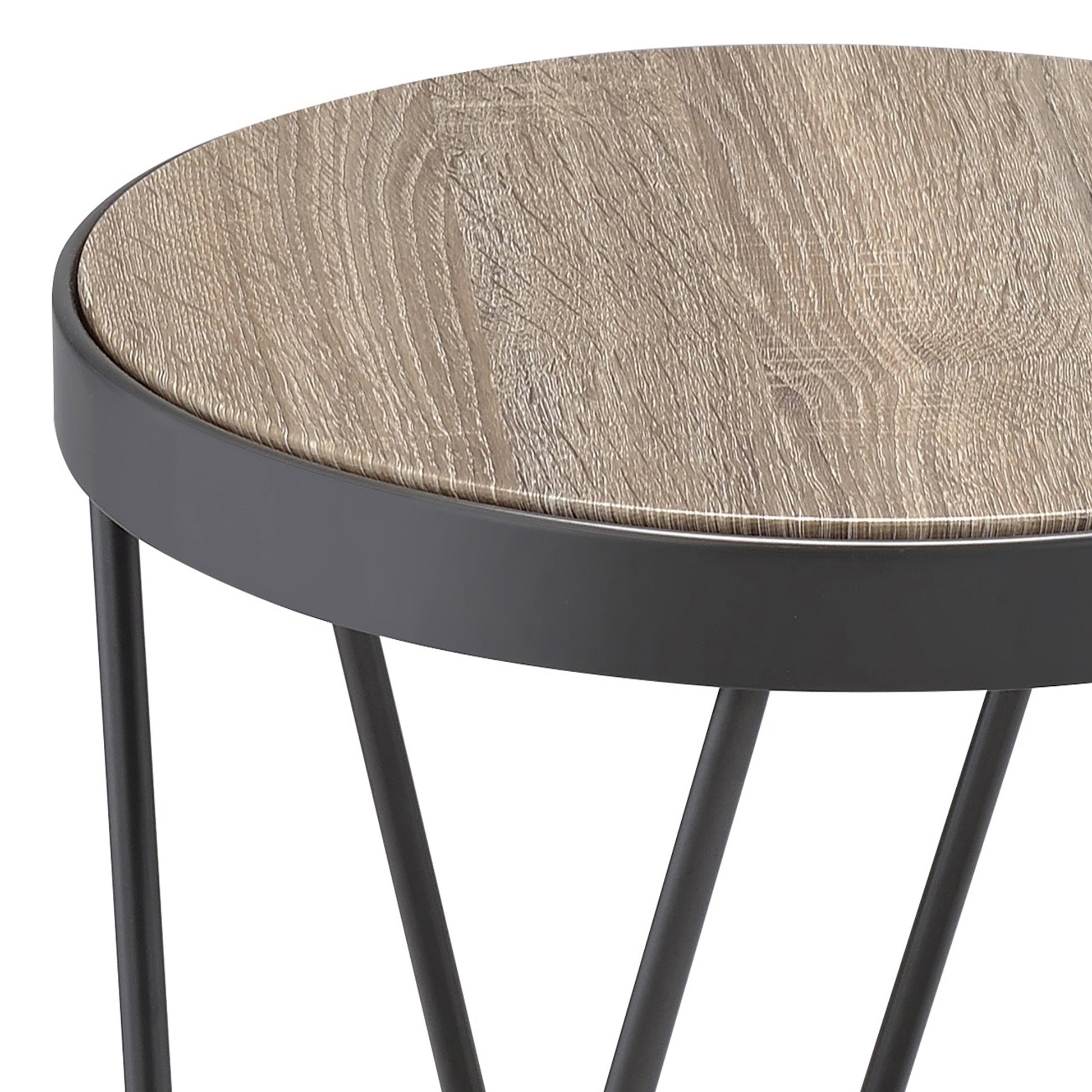 Round side table with light wood grain top and black metal hairpin legs