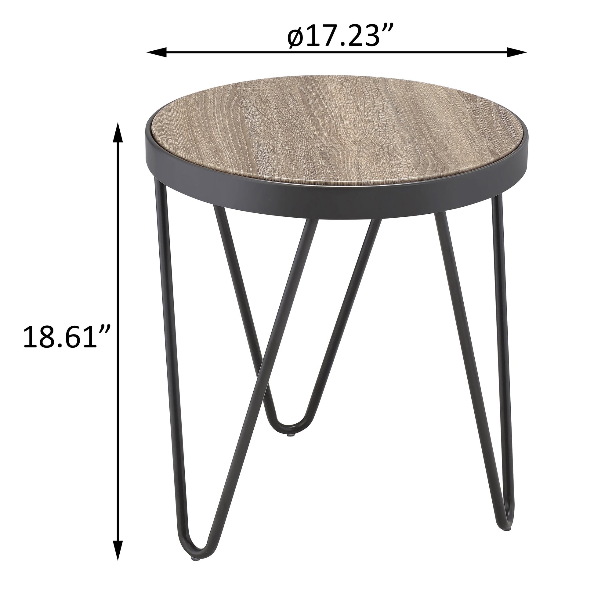Round wood grain end table with black metal hairpin legs