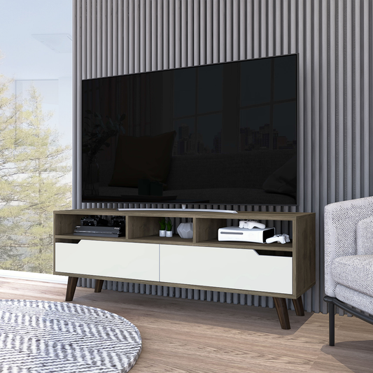 Modern tv stand with white drawers and wood grain finish holding consoles