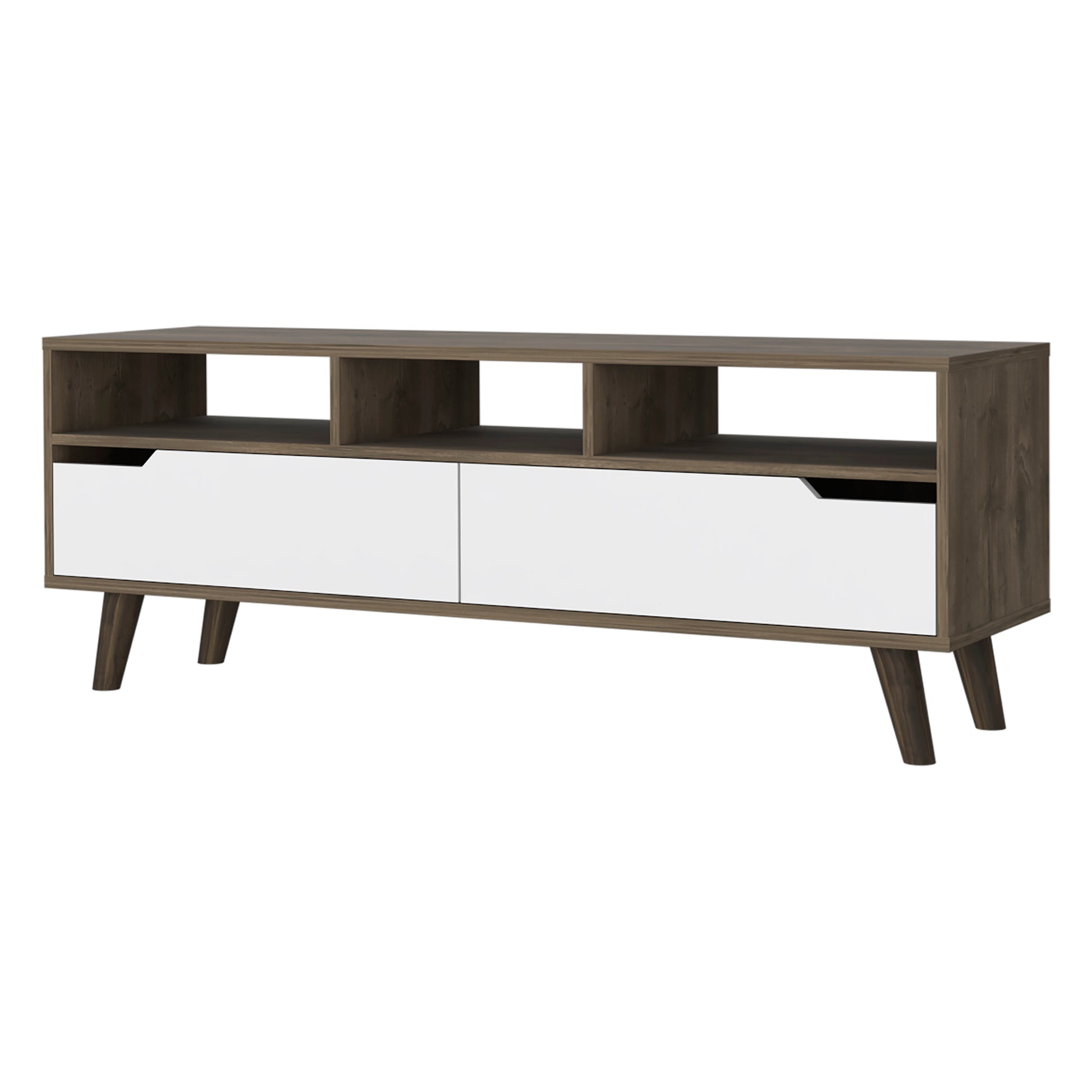 Modern walnut and white TV stand with two drawers and open shelving