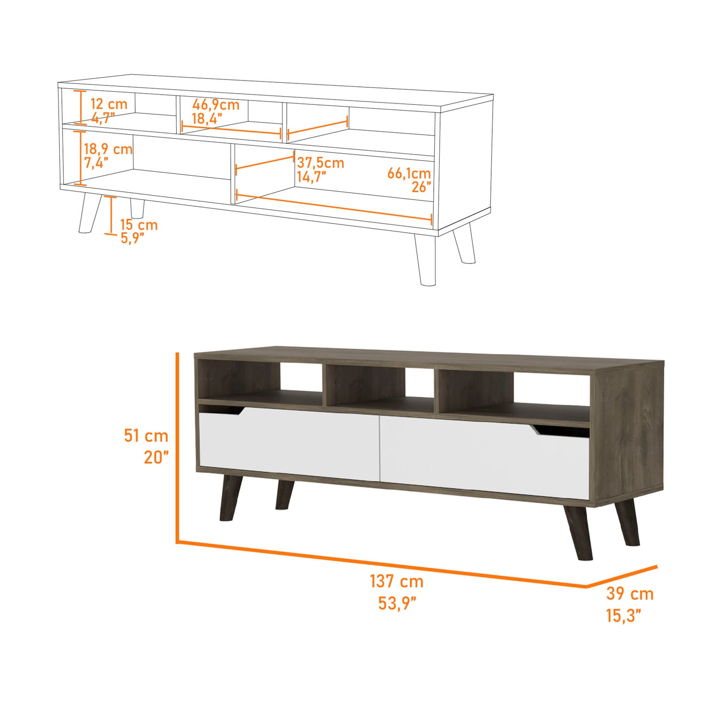 Modern twotone TV stand with two white drawers and woodeffect shelving cm wide
