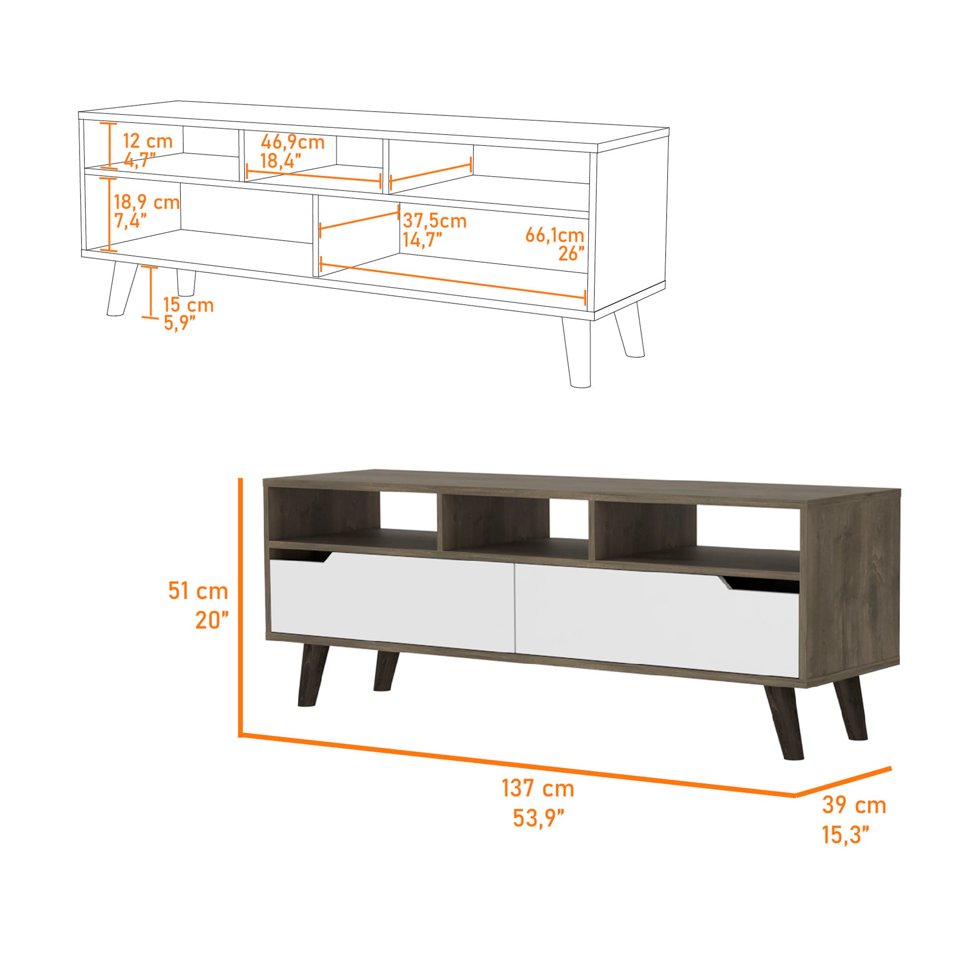 Modern twotone TV stand with two white drawers and woodeffect shelving cm wide