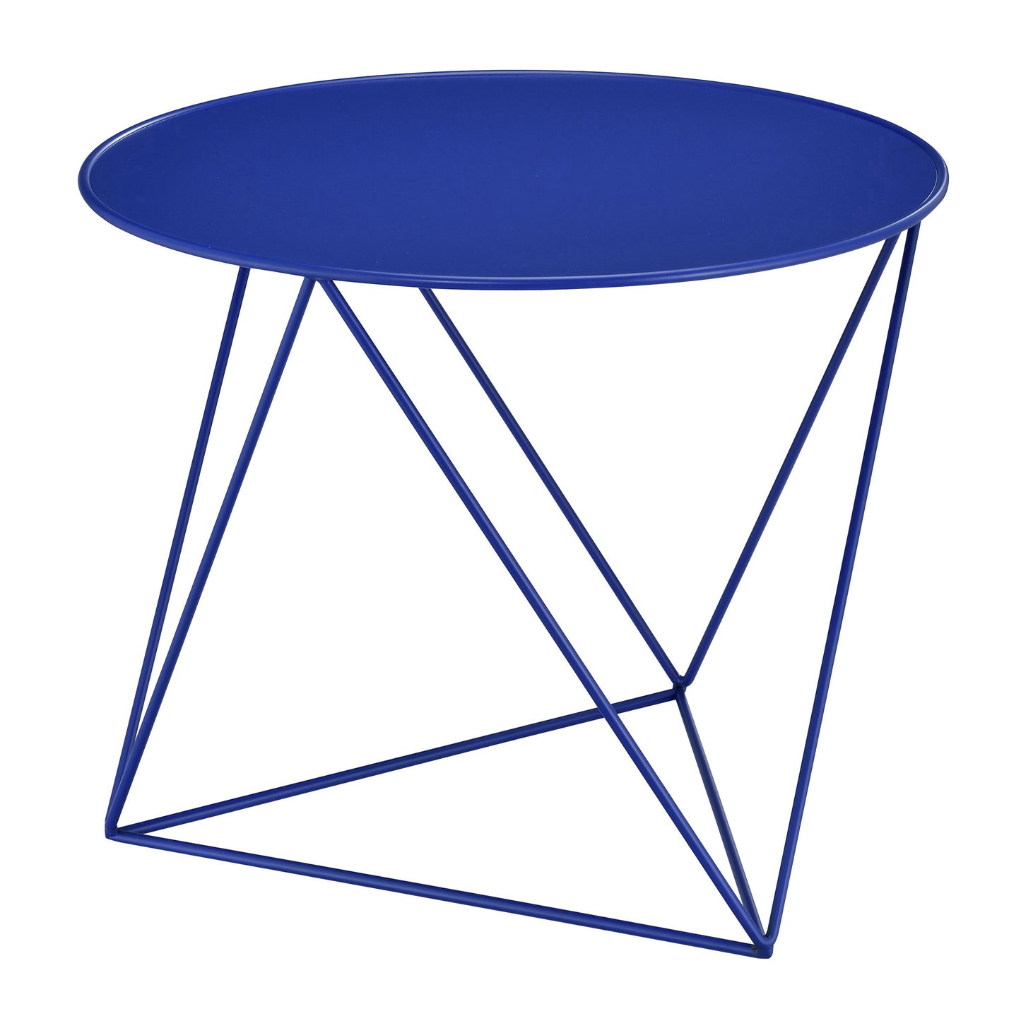 Round blue metal side table with geometric wire base