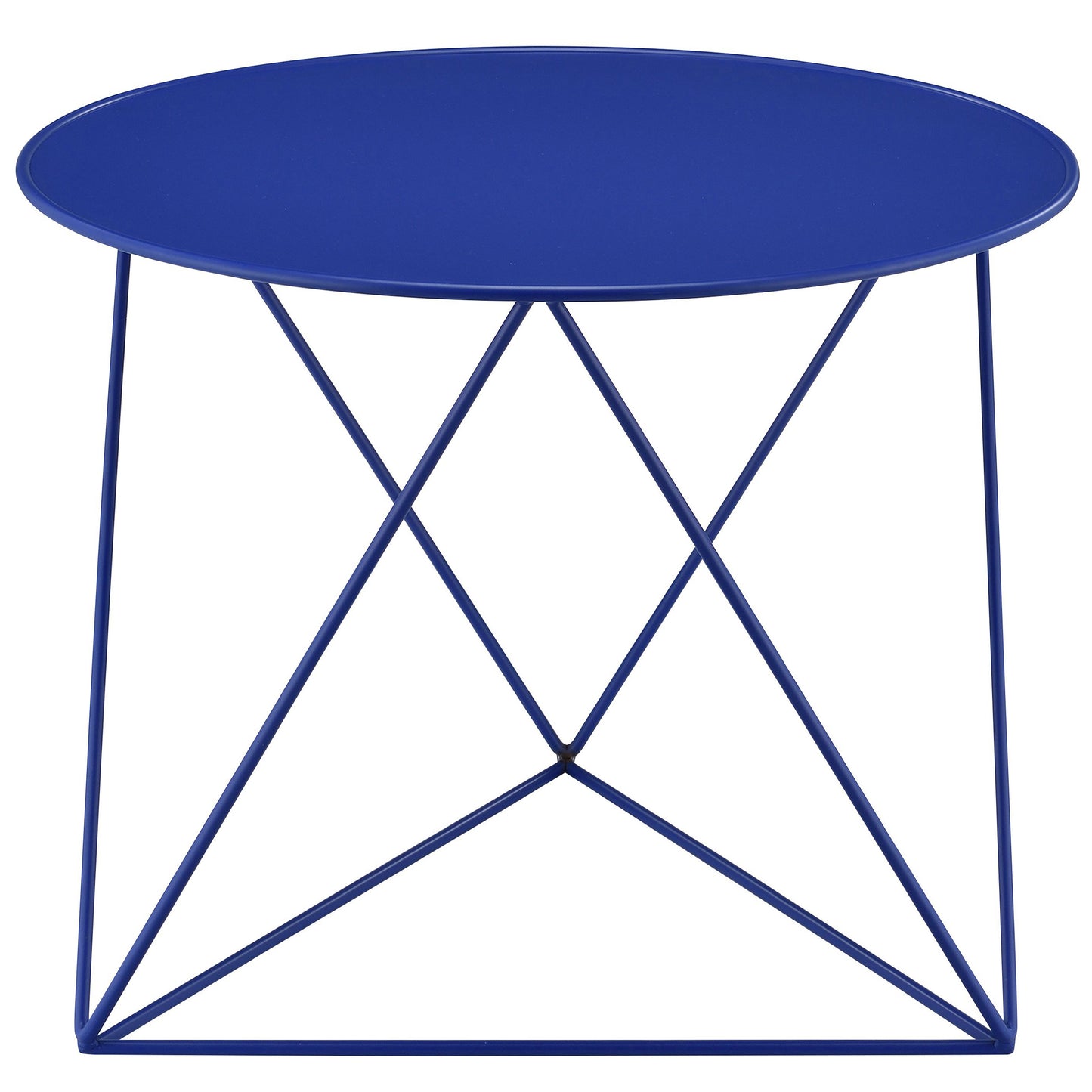 Round navy blue metal side table with geometric wire base