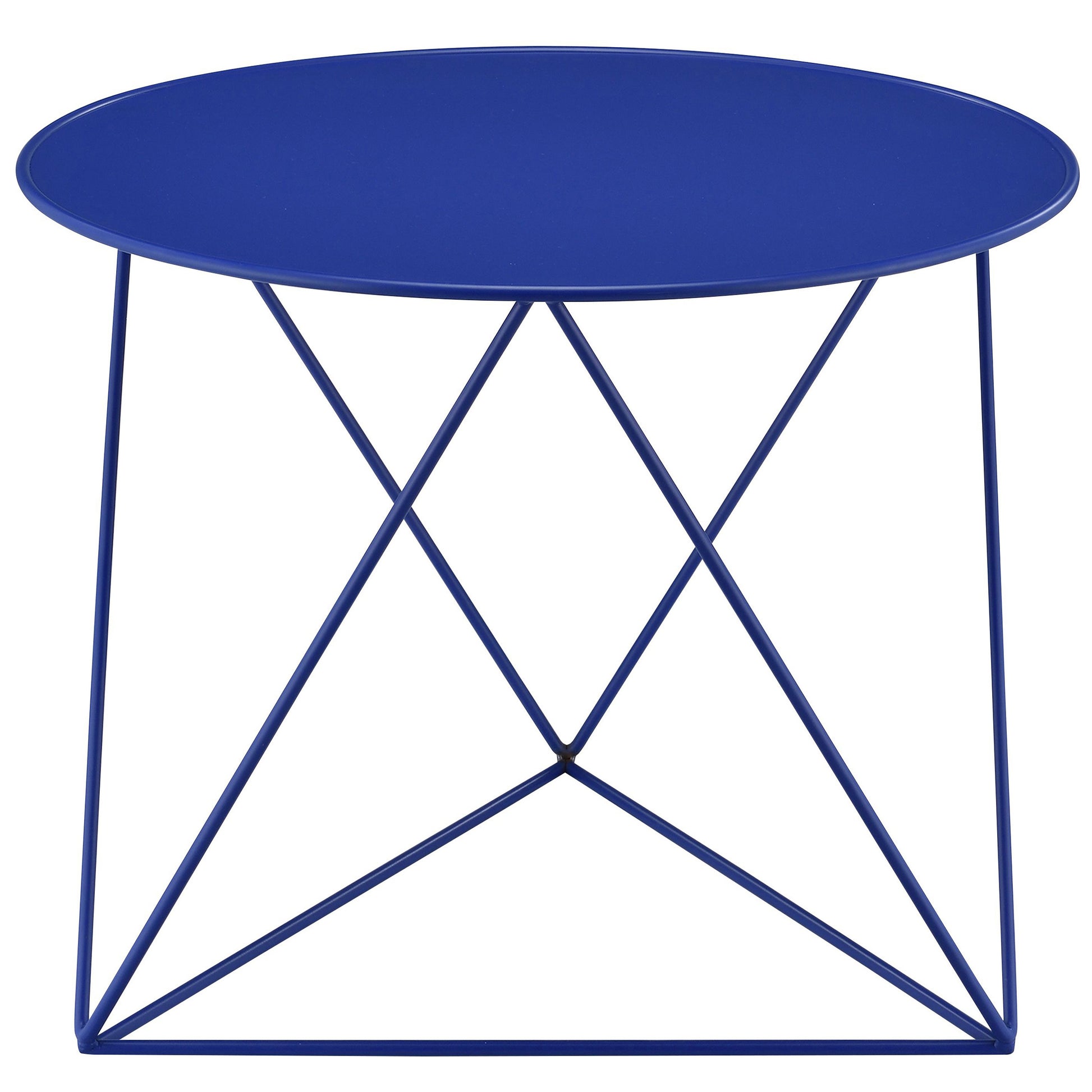 Round navy blue metal side table with geometric wire base