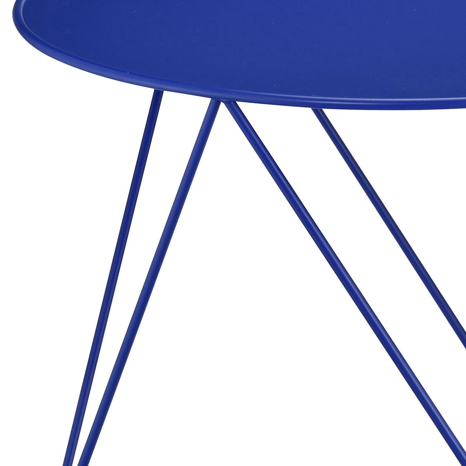 Royal blue metal side table with angled legs ideal for small spaces