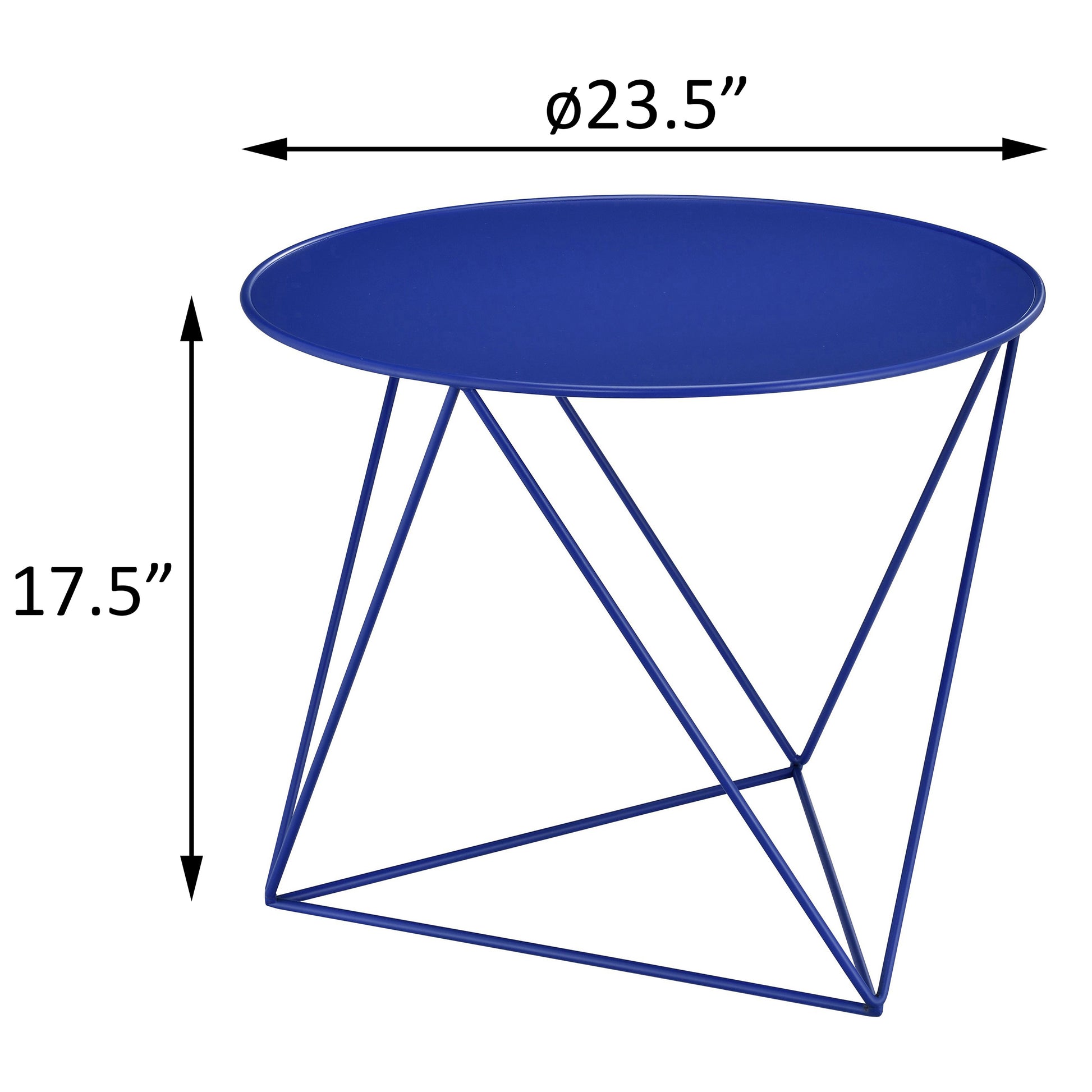 Blue metal side table with geometric base and round top