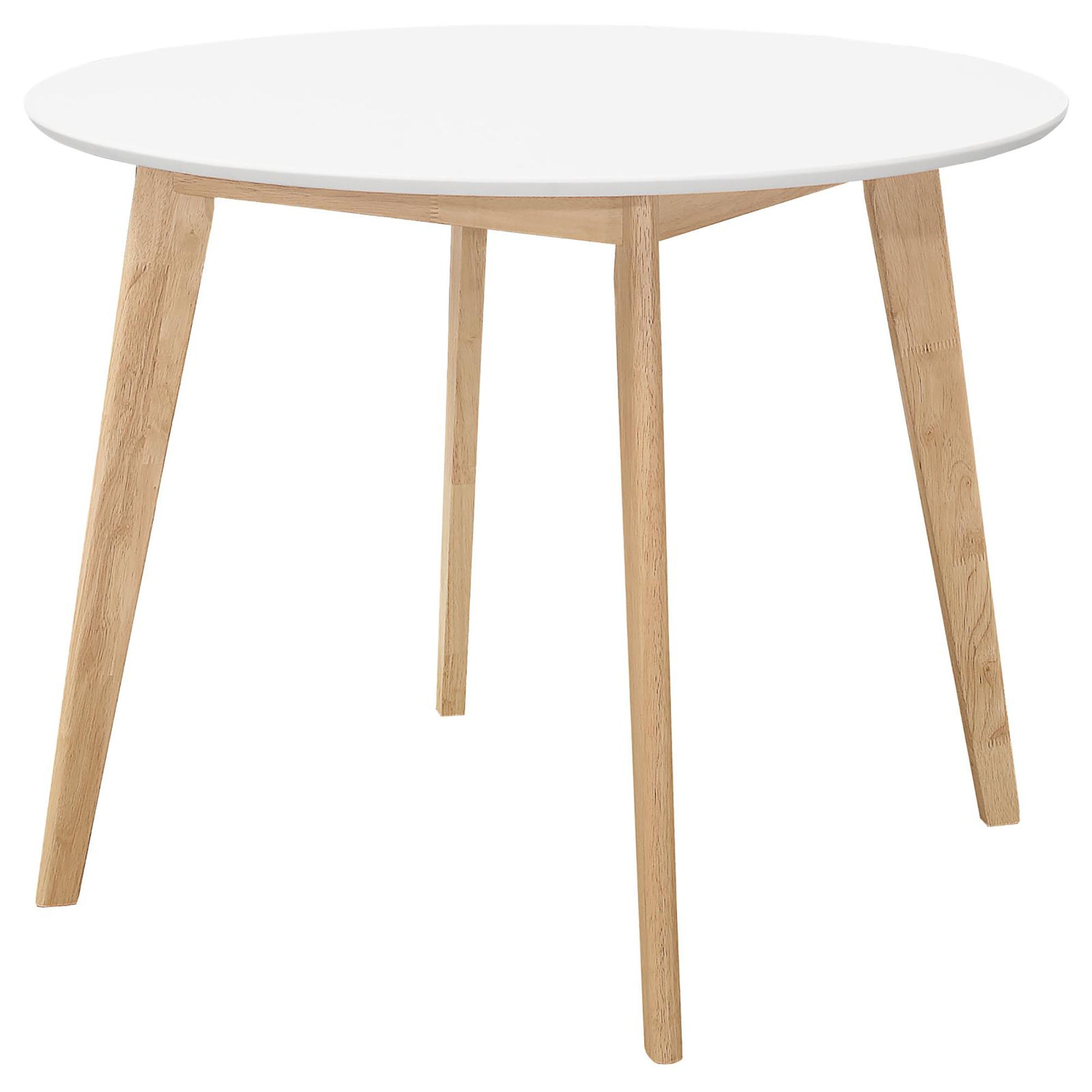 White round dining table with tapered wooden legs