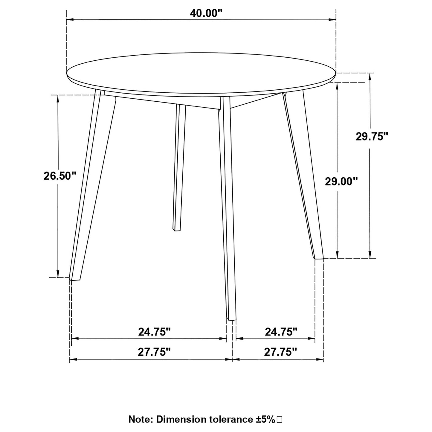 Line drawing of a inch round dining table with tapered legs showing height and width dimensions