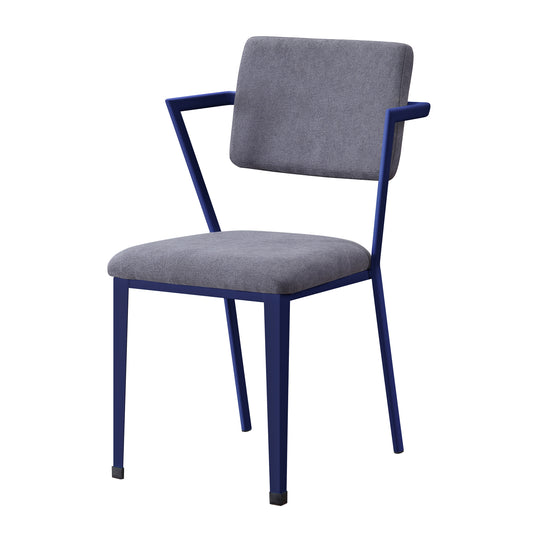 Modern grey upholstered dining chair with slim navy blue metal legs