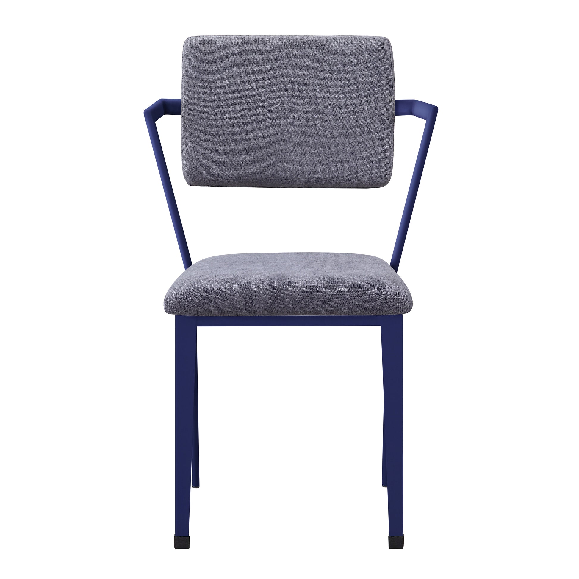 Grey upholstered dining chair with dark blue metal frame
