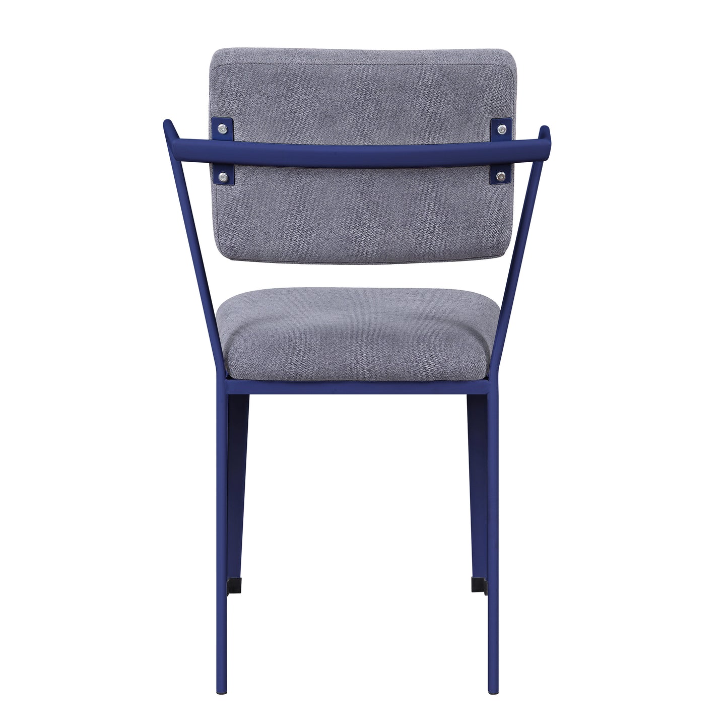 Modern grey fabric dining chair with navy blue metal frame