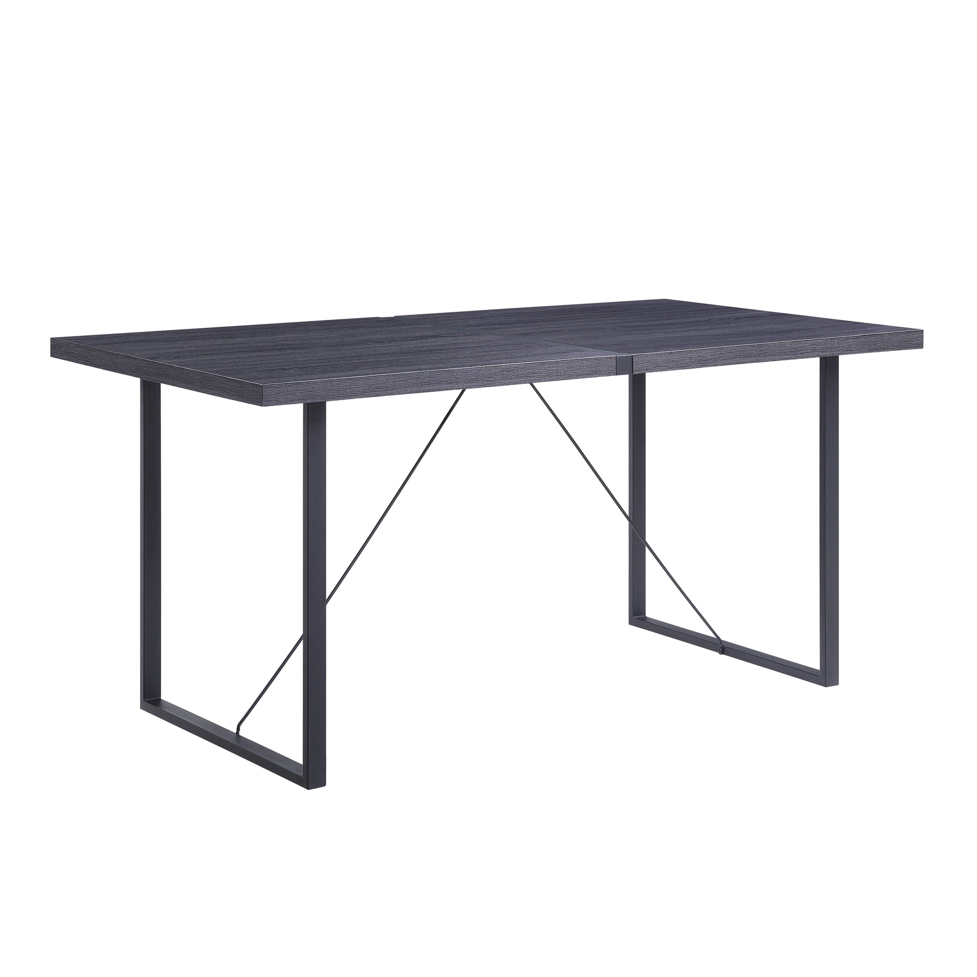 Dark grey wood grain dining table with black metal legs and cross bracing