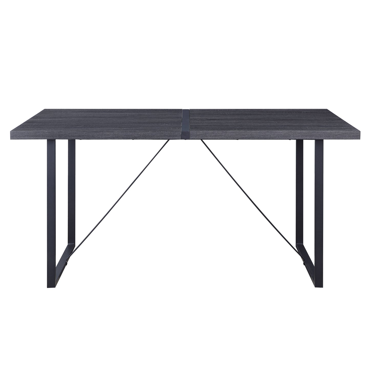Dark grey wood grain rectangular dining table with black metal legs