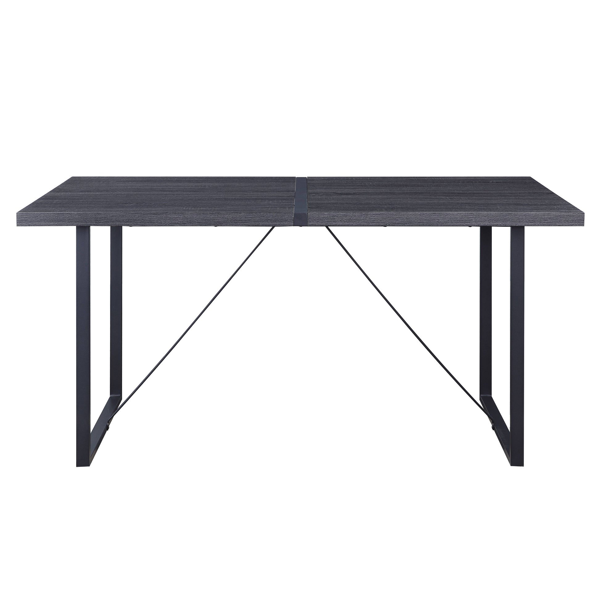 Dark grey wood grain rectangular dining table with black metal legs