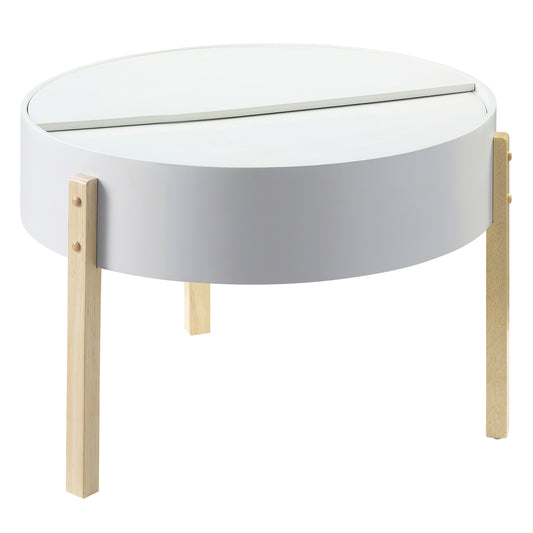 White round coffee table with mirrored top and natural wood legs