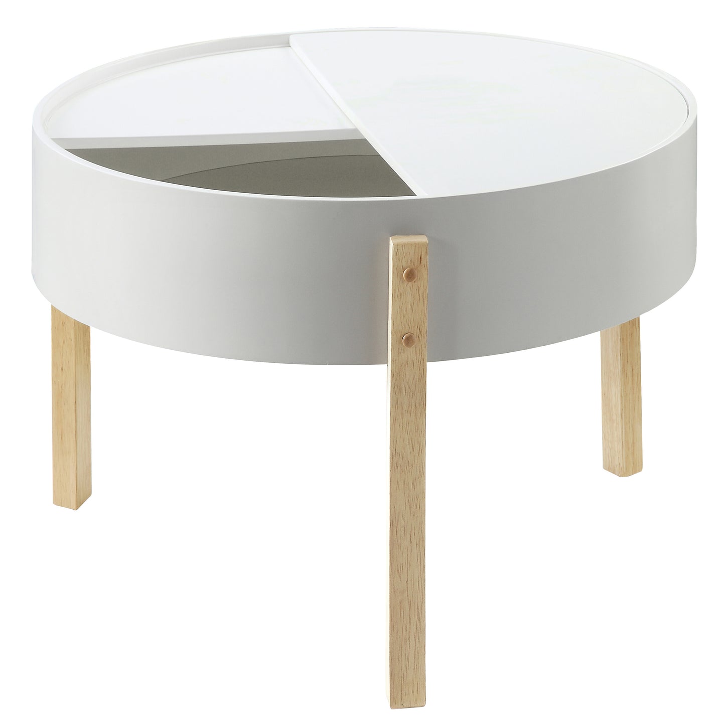 White round coffee table with wood legs and a sliding top revealing storage