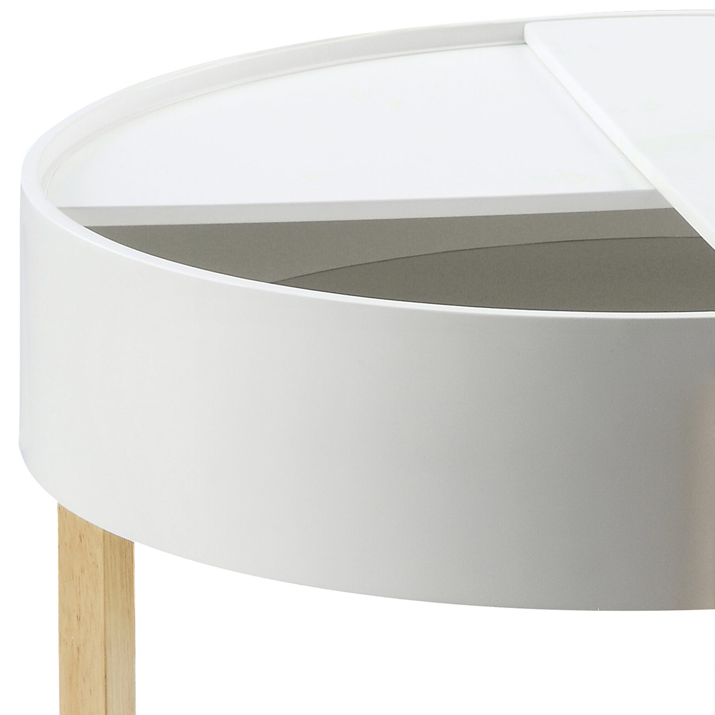 White round coffee table with wooden legs and a smooth tabletop
