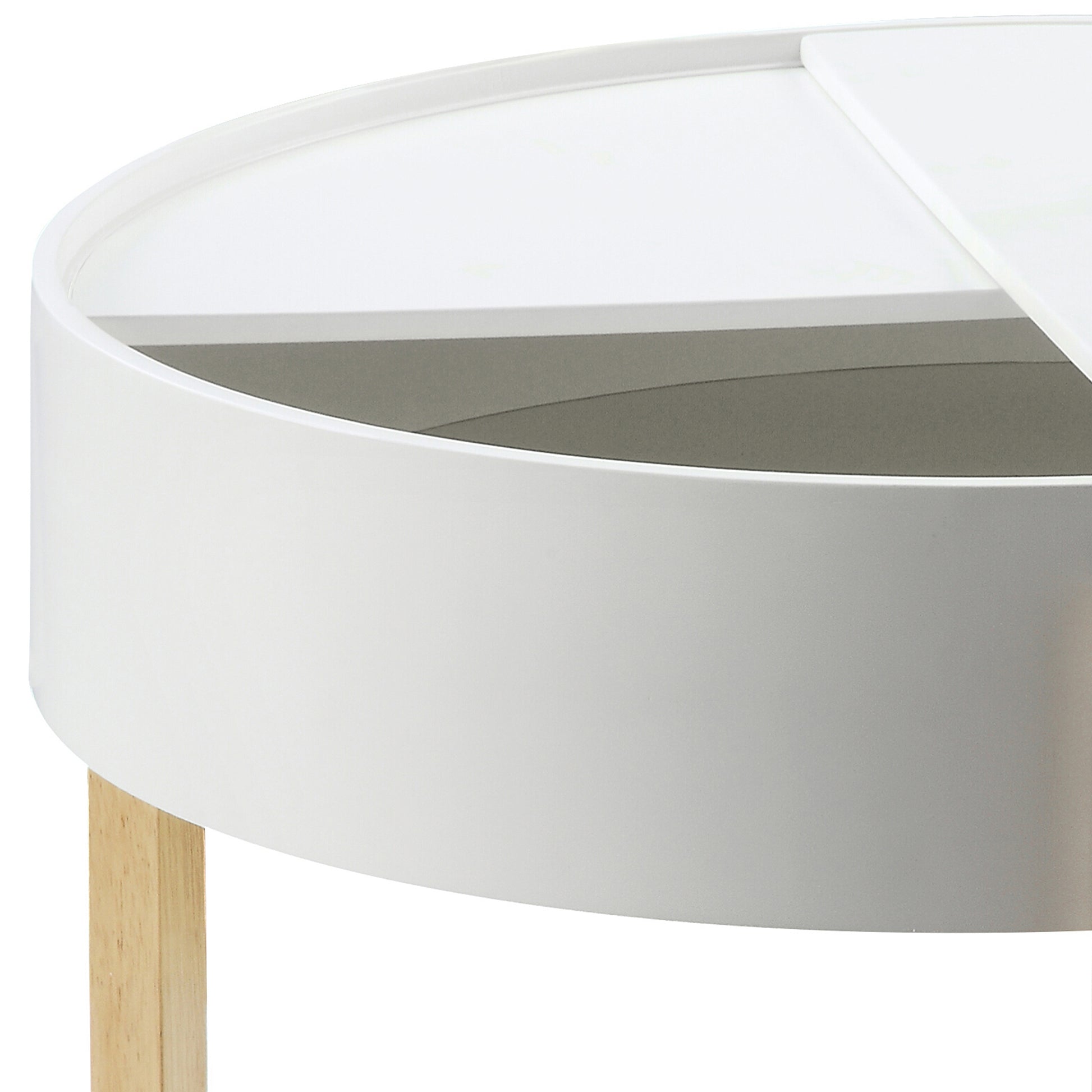 White round coffee table with wooden legs and a smooth tabletop