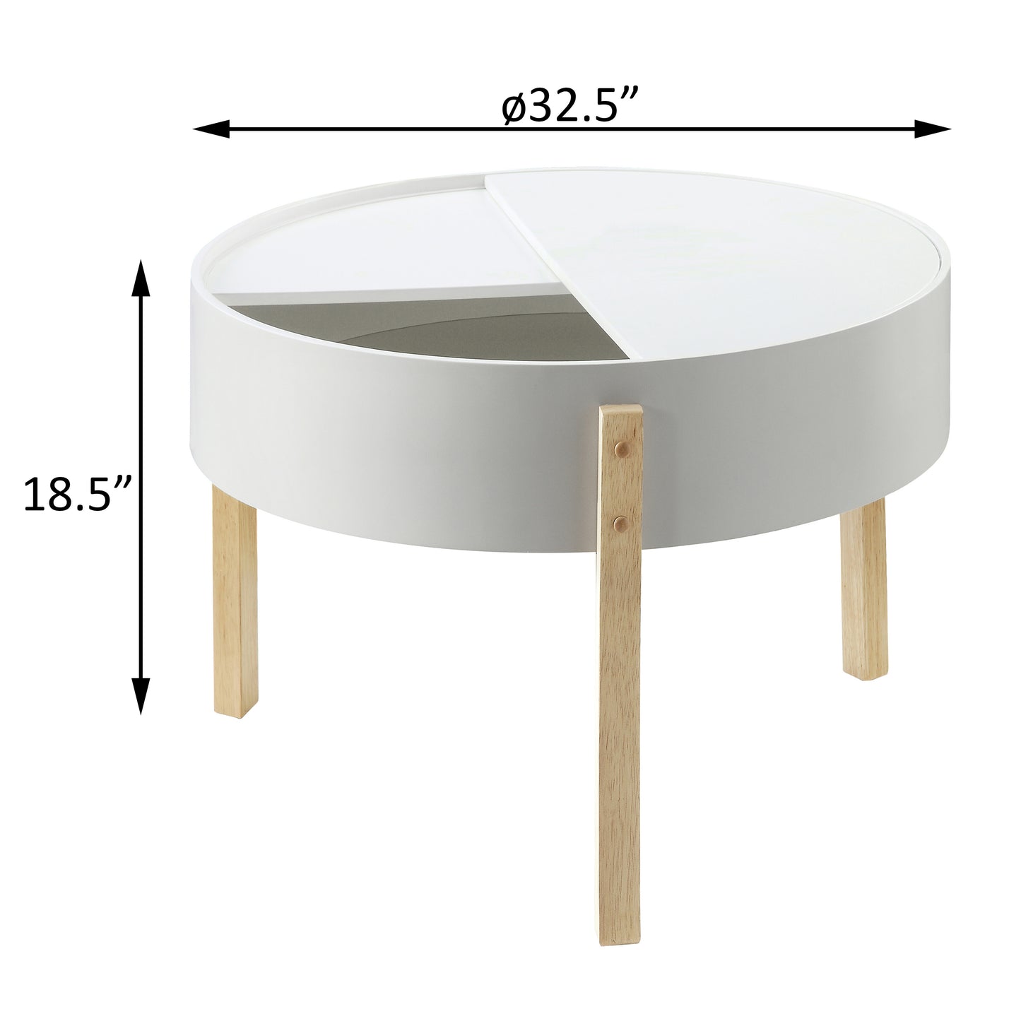 White round storage coffee table with midcentury modern wood legs  diameter