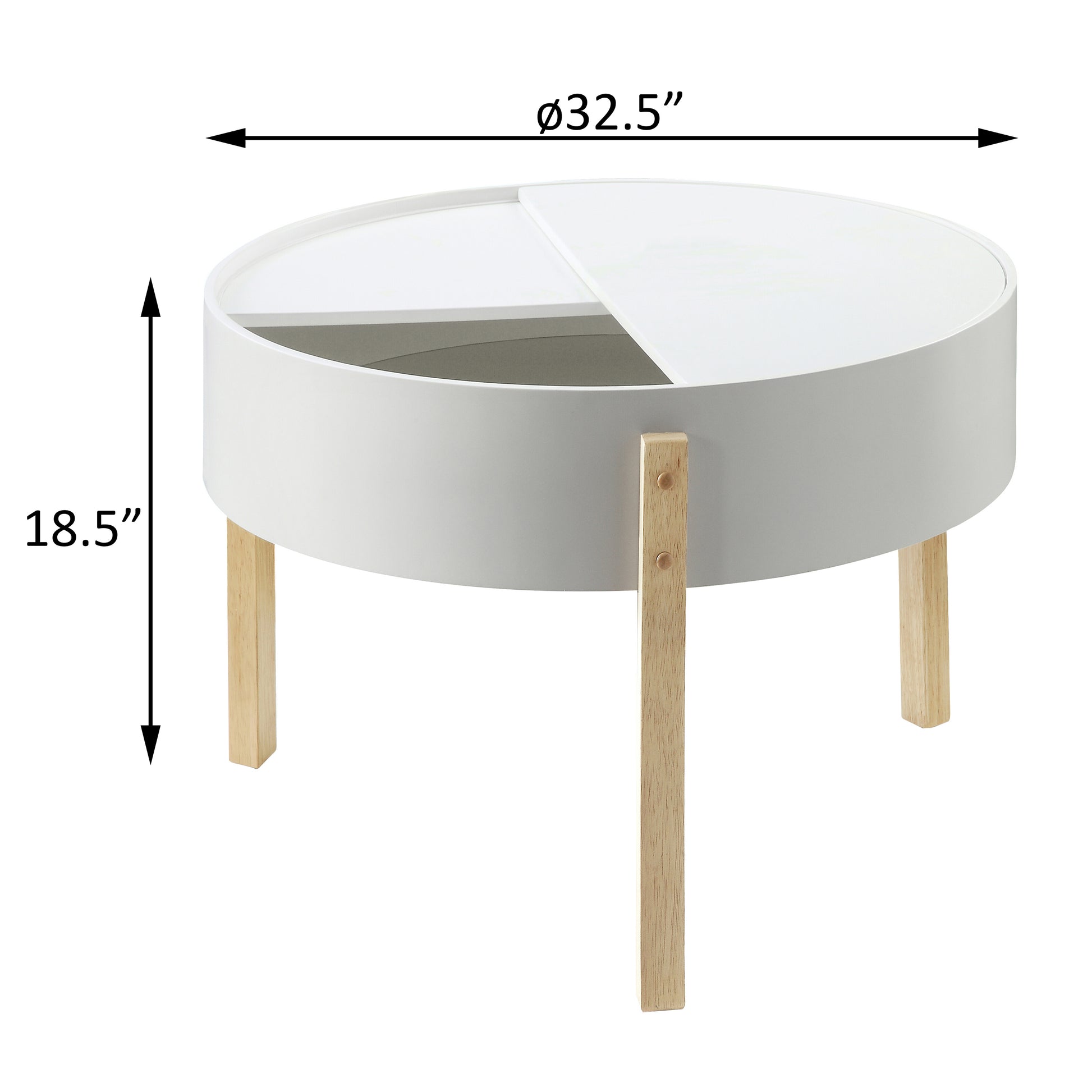 White round storage coffee table with midcentury modern wood legs  diameter