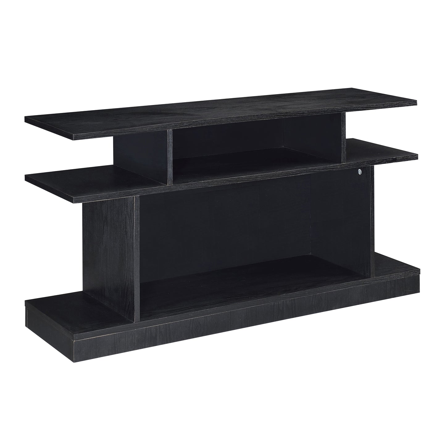 Black modern media console with open shelves and sleek wood grain finish