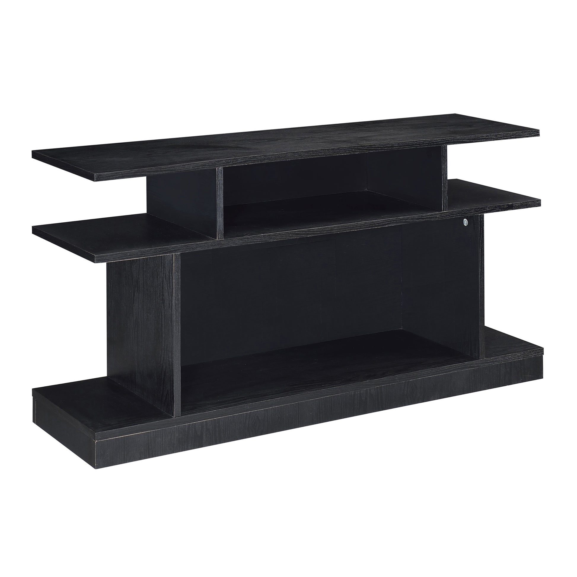 Black modern media console with open shelves and sleek wood grain finish