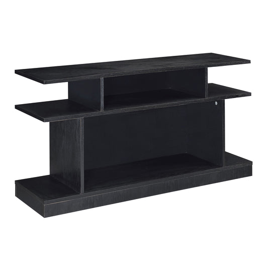Black modern media console with open shelves and sleek wood grain finish