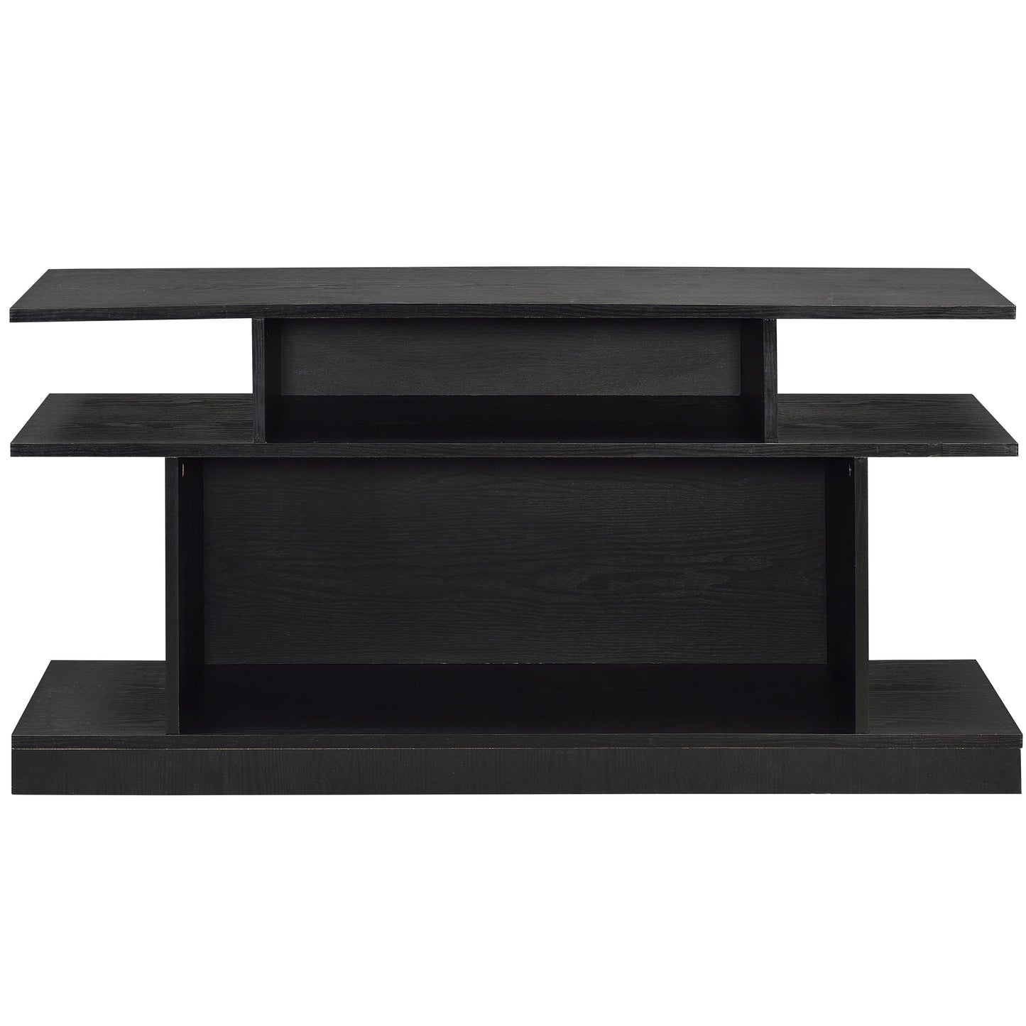 Modern black wood entertainment center with multiple open shelves for media storage