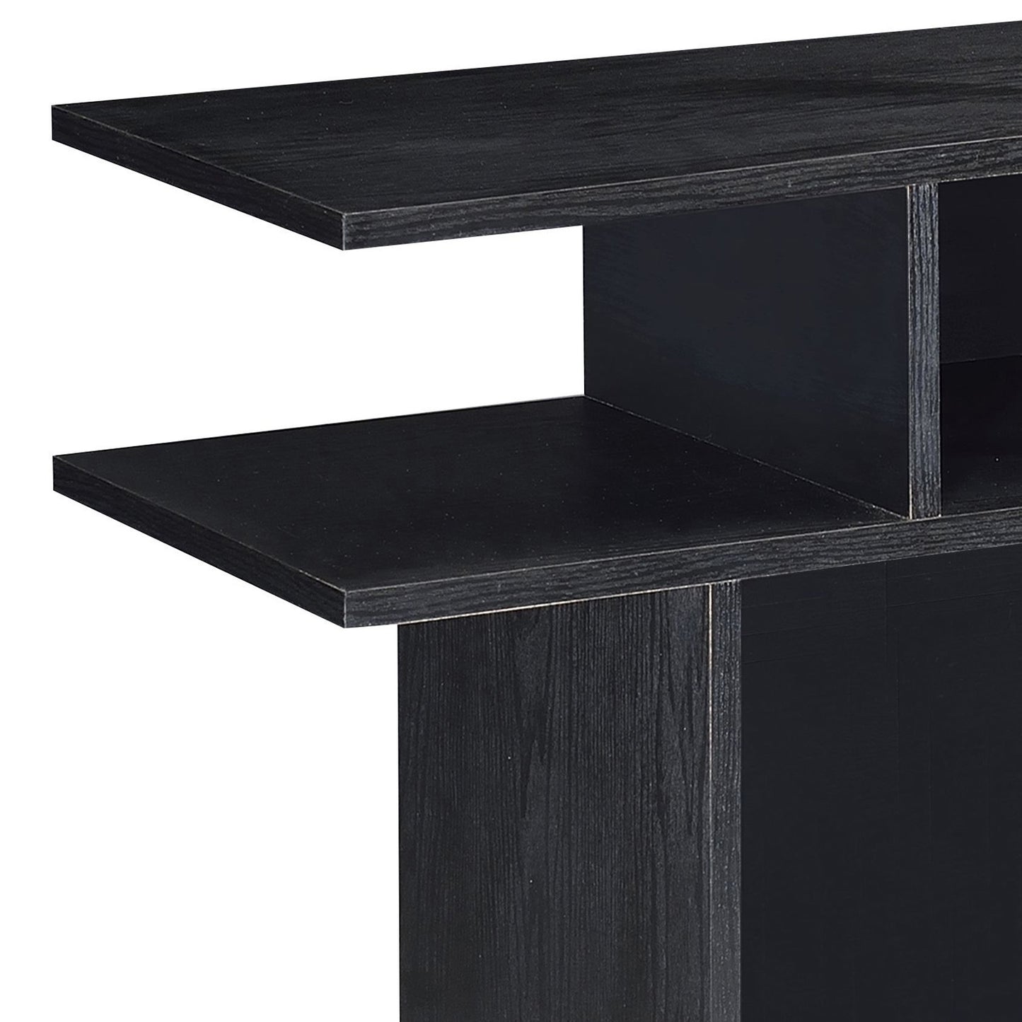 Sleek black wood TV stand with asymmetrical shelving for media consoles