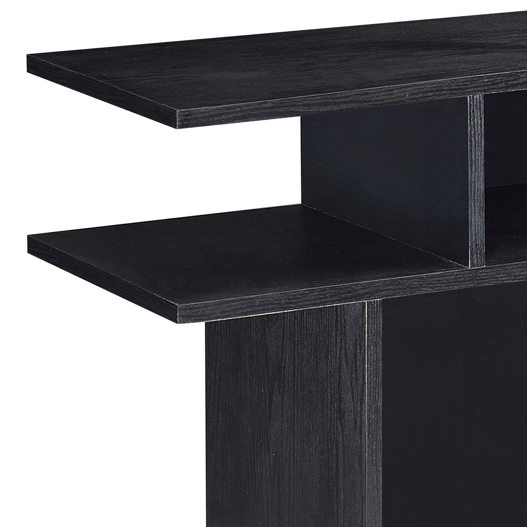 Sleek black wood TV stand with asymmetrical shelving for media consoles