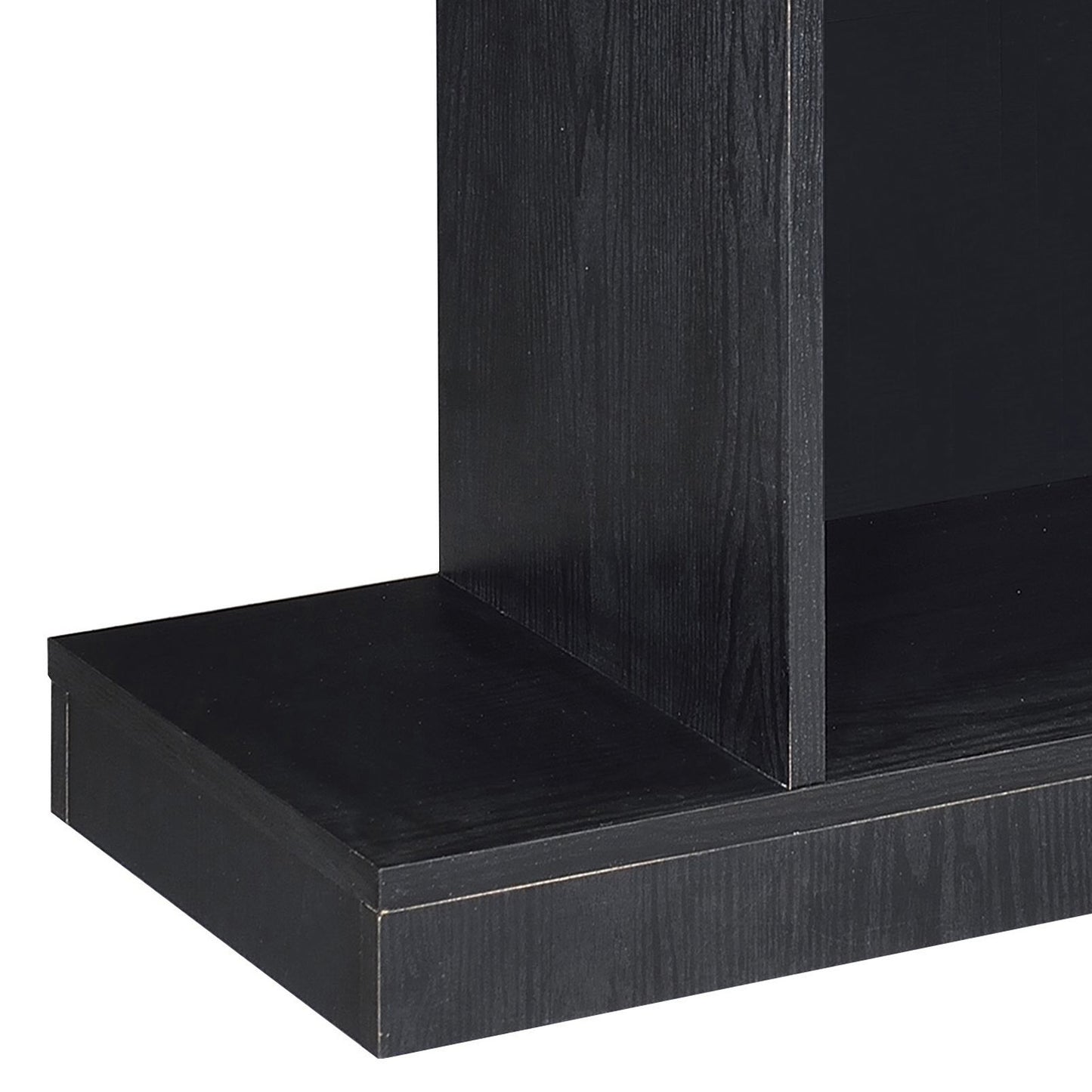 Closeup of black wood veneer on a modern shelving unit base