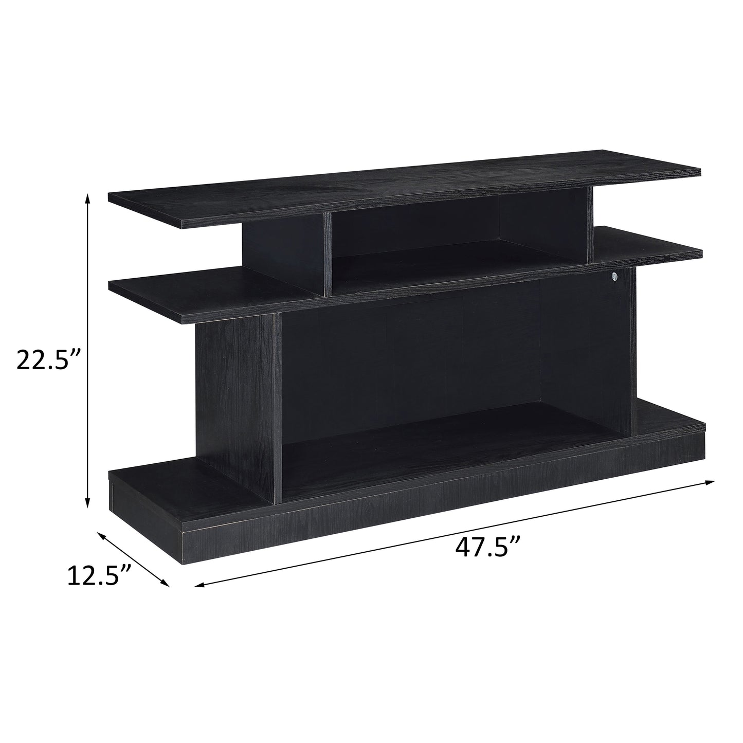 Modern black media console with open shelving for electronics