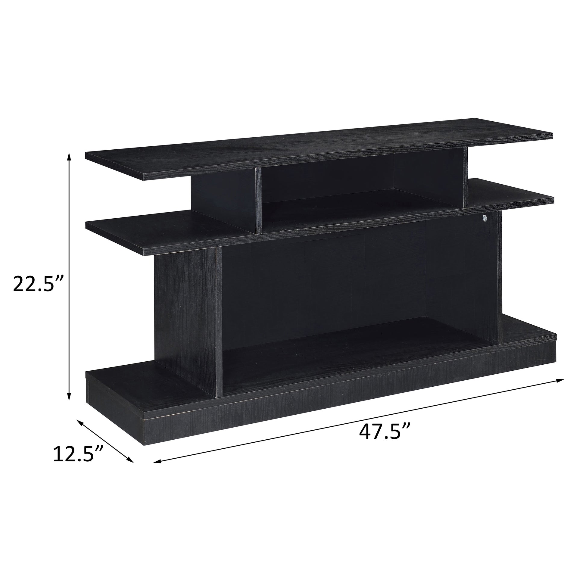 Modern black media console with open shelving for electronics