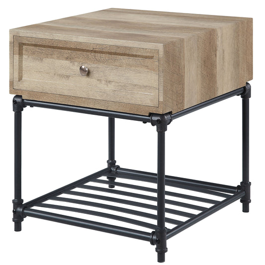 Rustic wood end table with one drawer and metal pipe legs