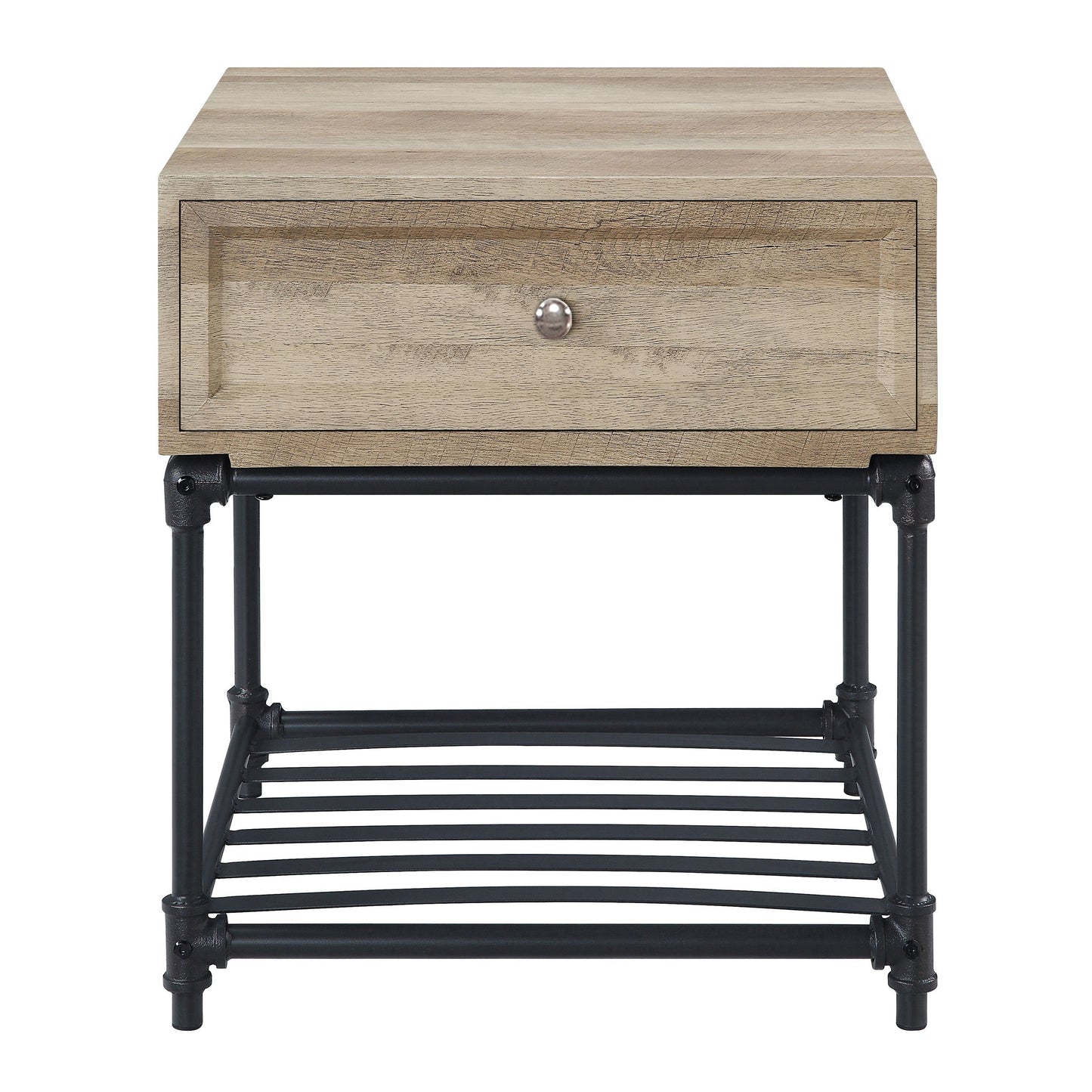 Rustic wood grain bedside table with metal pipe legs and a single drawer